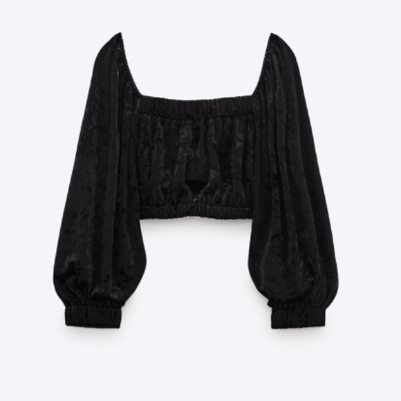 M 🔖 ZARA Velvet Cropped Long Sleeve Top Black Empire Crop - Picture 3 of 13